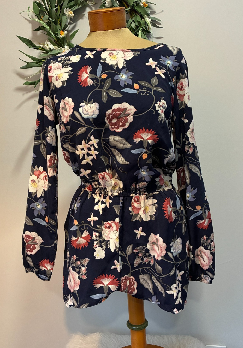 One Clothing Los Angeles Floral Dress Navy Blue Long Sleeve Pockets, Size M